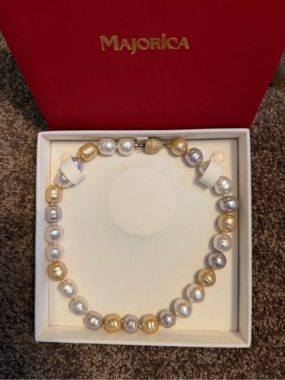 Majorica Gold, White and light Grey Pearl Necklace with Pavé Clasp